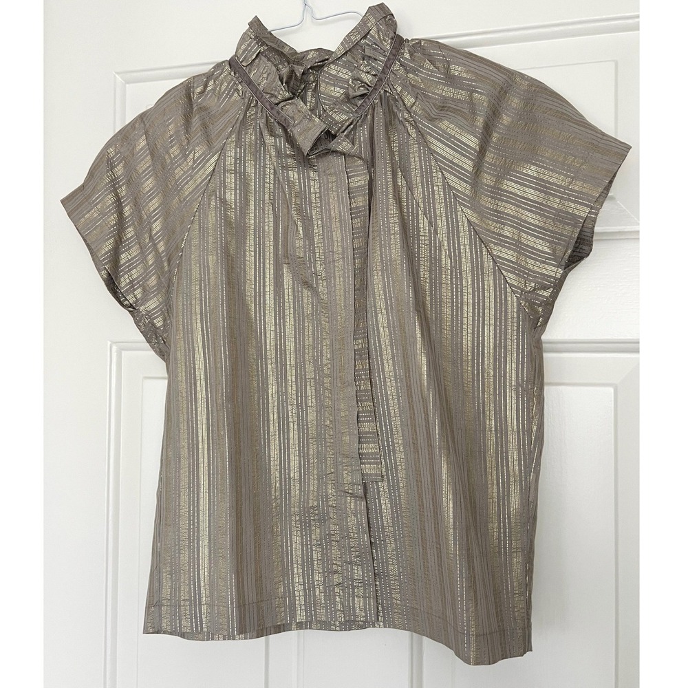 A Shirt Thing Striped Stella Goldβ Metallic Ruffle Blouse Tan Size Small
